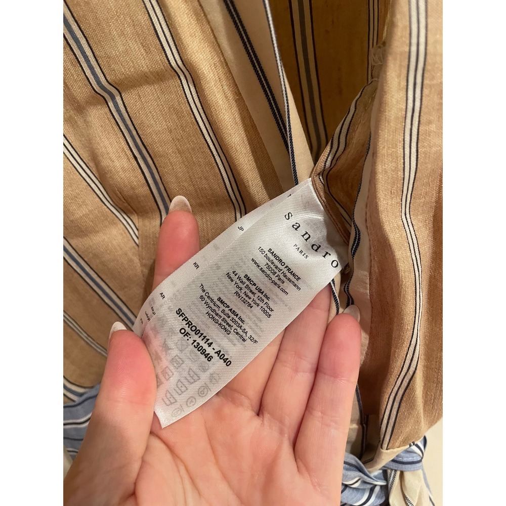 Sandro Paris Striped Tiered Midi Dress Tan Blue V-Neck TieWaist SFPRO01114 34 XS - Picture 4 of 6